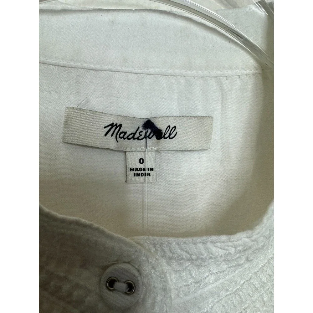 Madewell Sz 0 Puff Sleeve Band Collar Shirt White Button Front Embroidered NWT